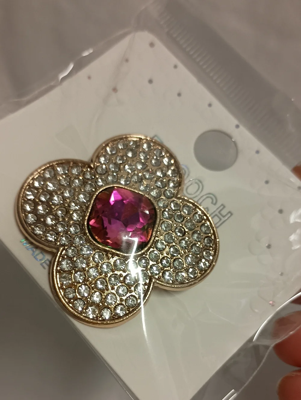Gold Tone Rhinestone Flower Brooch Pin with Iridescent Crystal Center Pink